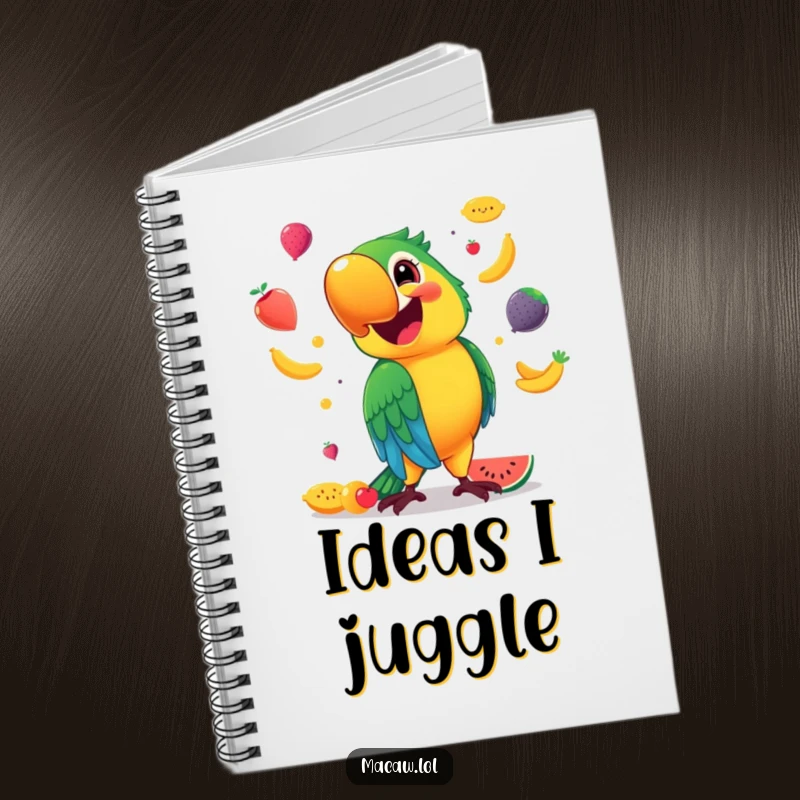 Funny Notebook featuring a cheerful macaw with a huge smile, juggling colorful fruits, inspiring notes and doodles.