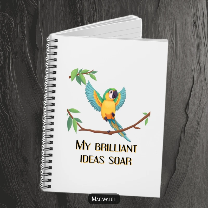 Funny macaw notebook showcasing a bird mid-leap, inspiring users to take bold steps in their writing and note-taking.