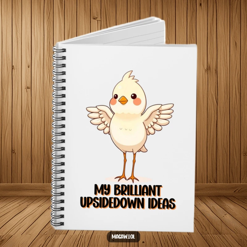 Funny bird proudly balancing on its head, wings helping it stay steady, a humorous notebook.