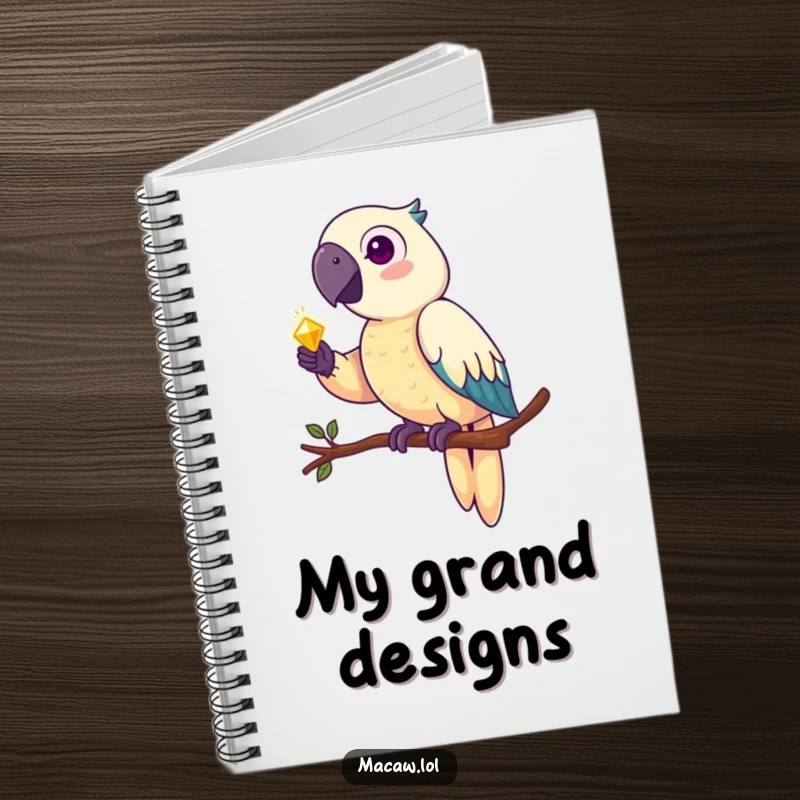 Funny macaw notebook, a pirate parrot perched on a branch, holding a shiny quill pen, ready to write.