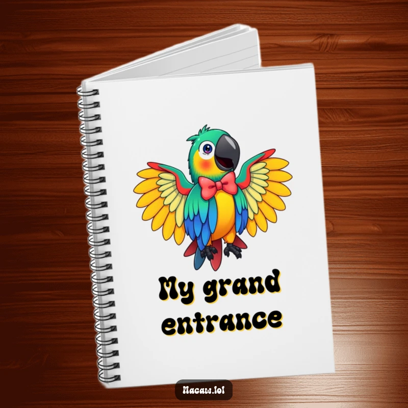Funny Macaw Notebook with a vibrant bird performing a flamboyant bow, designed for creative writing and humorous note-taking.