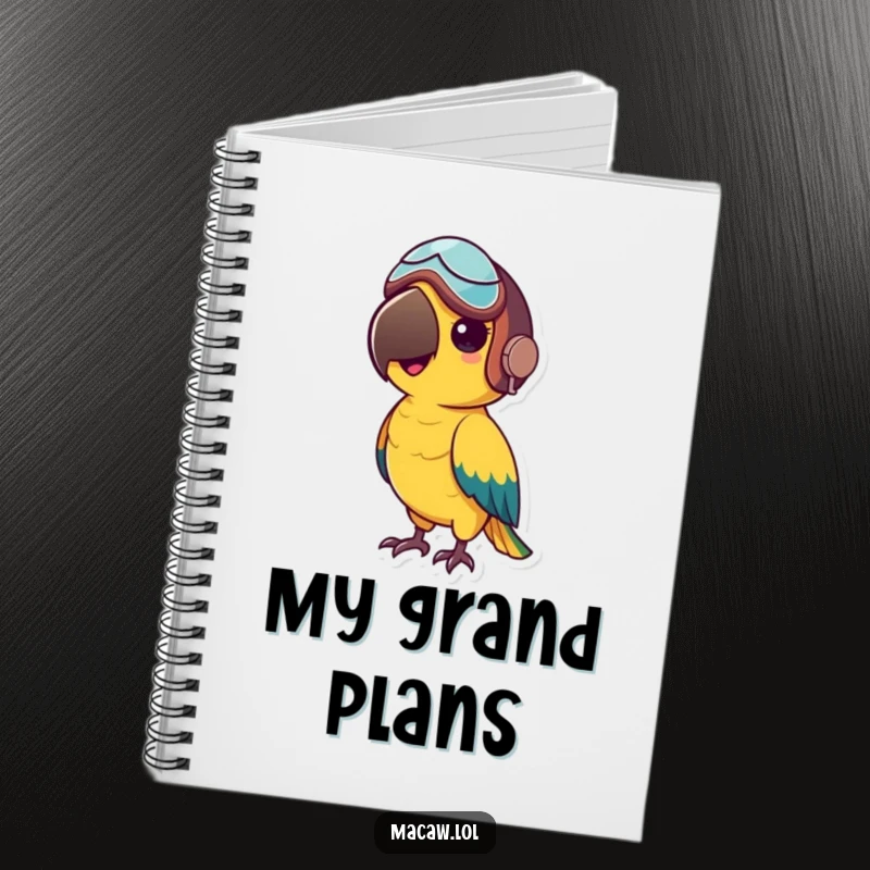 Funny notebook featuring a small macaw bird in a tiny aviator helmet, ready for any journey, ideal for notes.