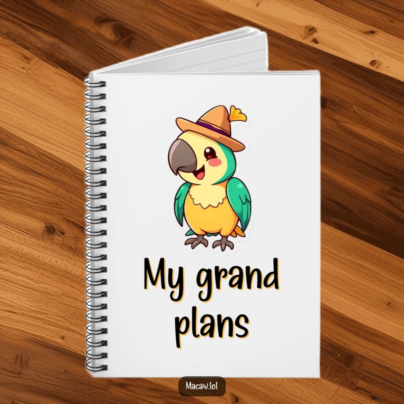 Funny Notebook featuring a cheerful macaw tipping a tiny sombrero with a flourish, perfect for festive notes and doodles.