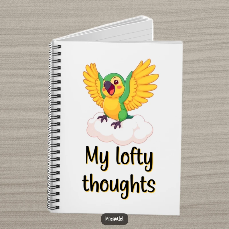 Funny Macaw Notebook: A notebook featuring an excited macaw bird riding a fluffy, bouncing cloud.
