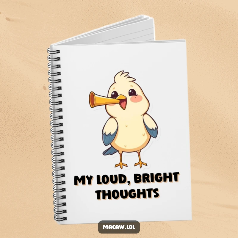 Funny bird honking a tiny horn with great joy and gusto, a humorous and inspiring notebook.