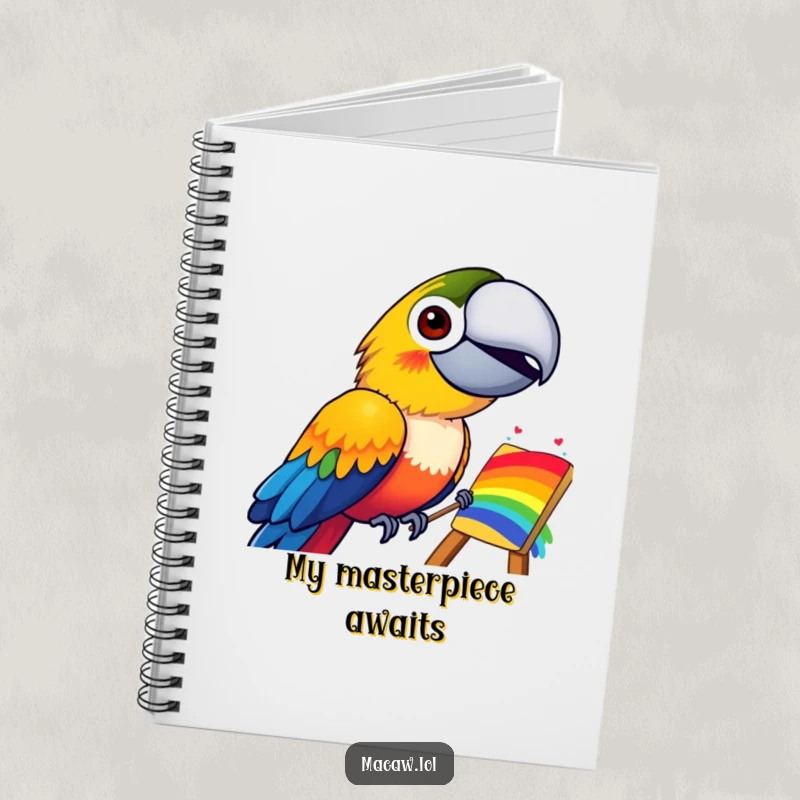 Funny notebook with a cheerful macaw bird grinning while painting a spectacular rainbow, perfect for jotting down funny ideas.
