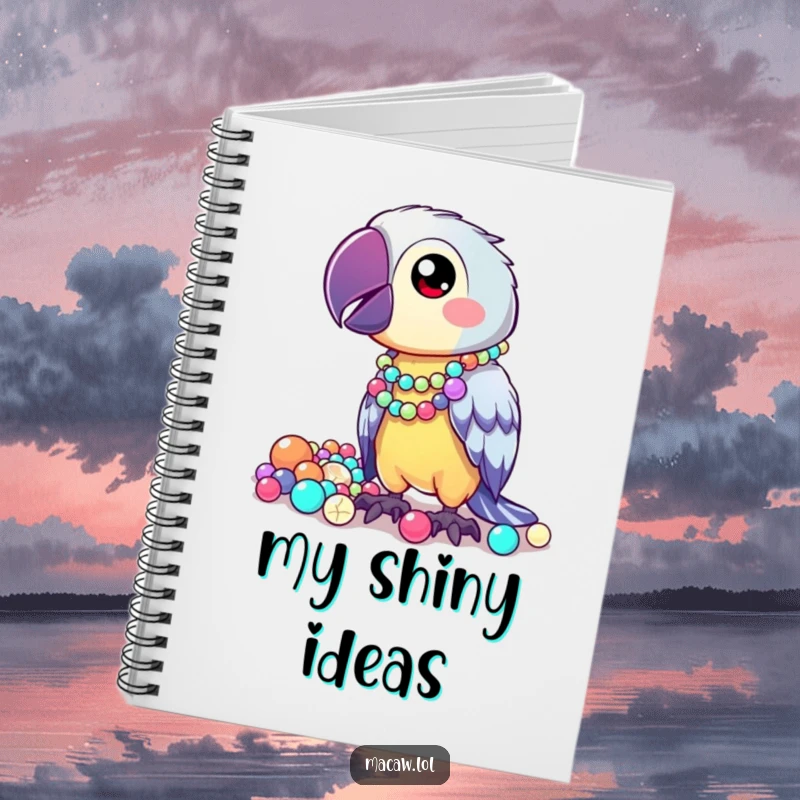 Funny Notebook featuring a kawaii macaw proudly showing off shiny, mismatched beads, perfect for notes and doodles.
