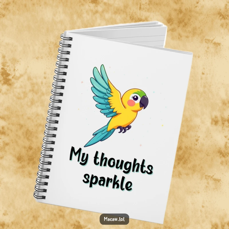 Funny macaw notebook, a colorful bird mid-flight through a dazzling, shimmering cloud of glitter, perfect for jotting down creative ideas.