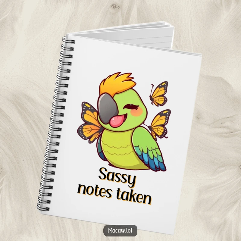 Funny cheeky macaw bird sticking tongue out playfully at a butterfly, humorous stationery for jotting down creative and playful thoughts.