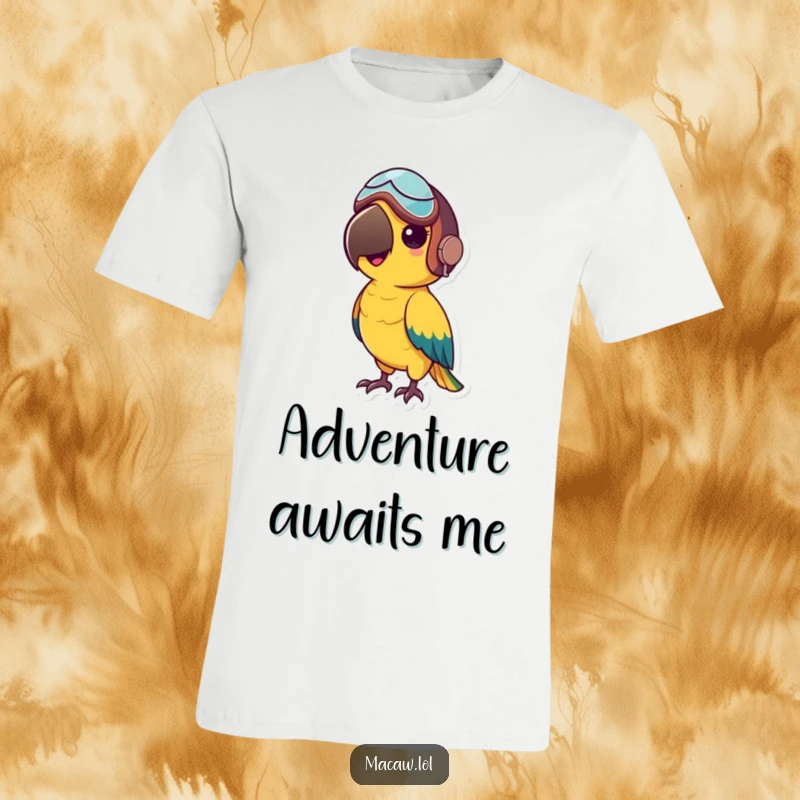 Funny t-shirt featuring a small macaw bird donning a tiny aviator helmet, embodying a spirit of exploration and fun.
