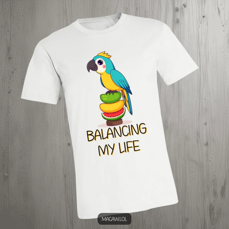 Funny t-shirt with a playful macaw bird precariously balancing an assortment of exotic fruits in a comical, daring stack.