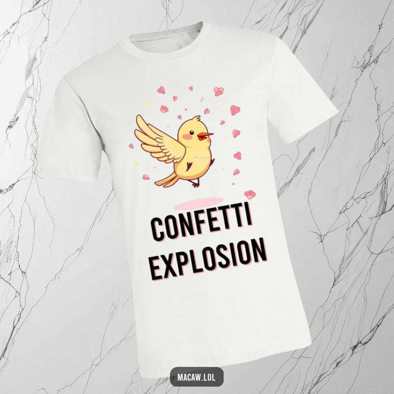 Funny Confetti Bird T-Shirt featuring a bird playfully tossing confetti made of flower petals, evoking a sense of celebration.