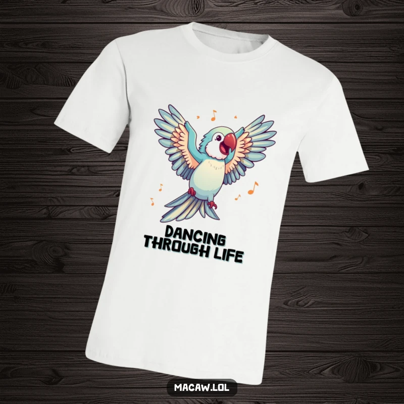 Funny T-Shirt showcasing a happy macaw with wings spread wide, joyfully dancing to invisible music, radiating pure bliss.
