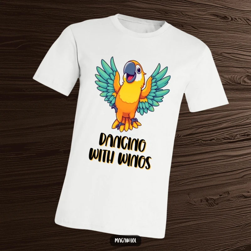 A vibrant macaw with a wide grin joyfully dancing with outstretched wings displayed on a comfortable t-shirt.