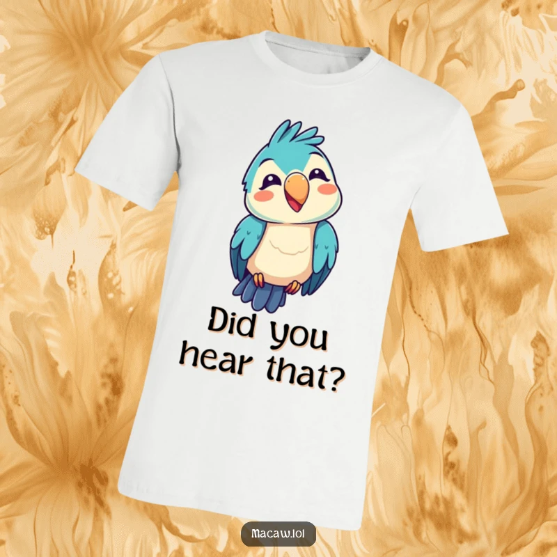 Funny kawaii macaw t-shirt, showing a bird with a tilted head making a funny squawk, symbolizing vocal humor and personality, ideal for a funny gift.