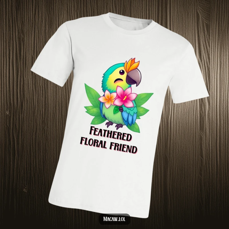 Funny macaw t-shirt featuring a bright-feathered bird presenting a shimmering tropical flower, ideal for casual wear.