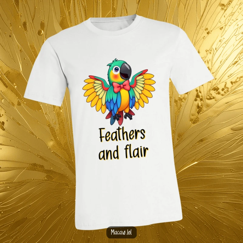 Funny Macaw T-Shirt featuring a vibrant bird doing a dramatic, flamboyant bow with wings outstretched, conveying pure joyful energy.