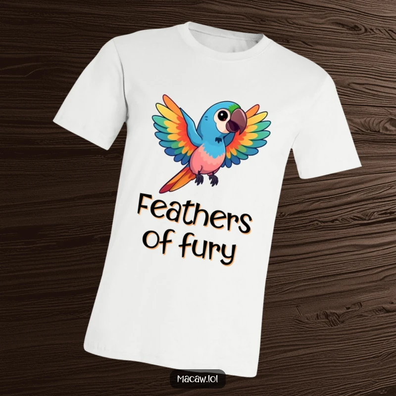 Funny kawaii macaw t-shirt, depicting a bird spreading its wings with vibrant, swirling colors, symbolizing freedom and artistic expression, an ideal funny gift.