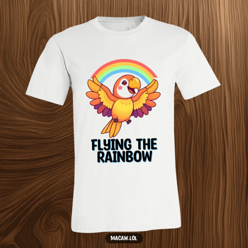 Funny Macaw T-Shirt: A cheerful macaw bird extends its wings, forming a brilliant rainbow arc, a symbol of happiness.