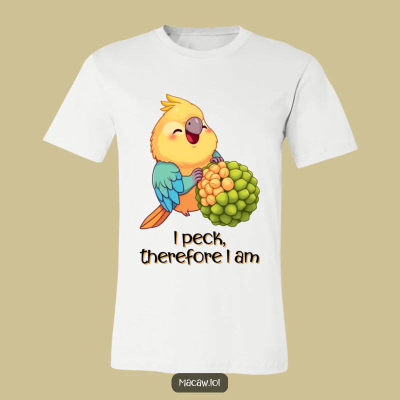 Funny Chubby Macaw T-Shirt: Joyful Bird Munching a Giant Seed - Hilarious Gift Idea!