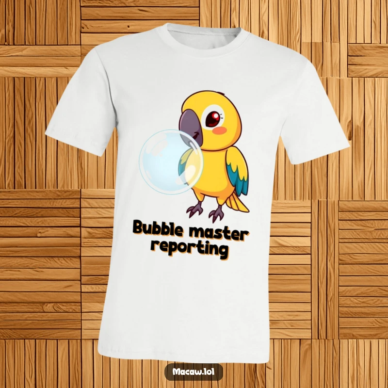 Funny macaw with a determined face, blowing a big bubble, on a t-shirt, a humorous and bold design.