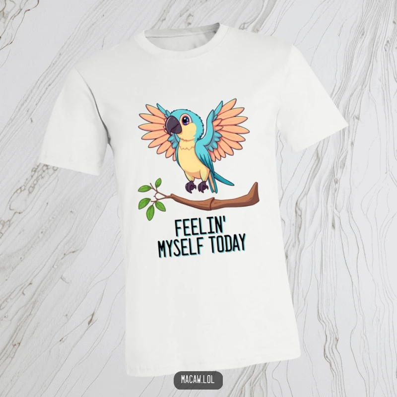 Funny t-shirt showcasing a macaw bird posing dramatically on a perch with its wings gloriously outstretched, ready for applause.