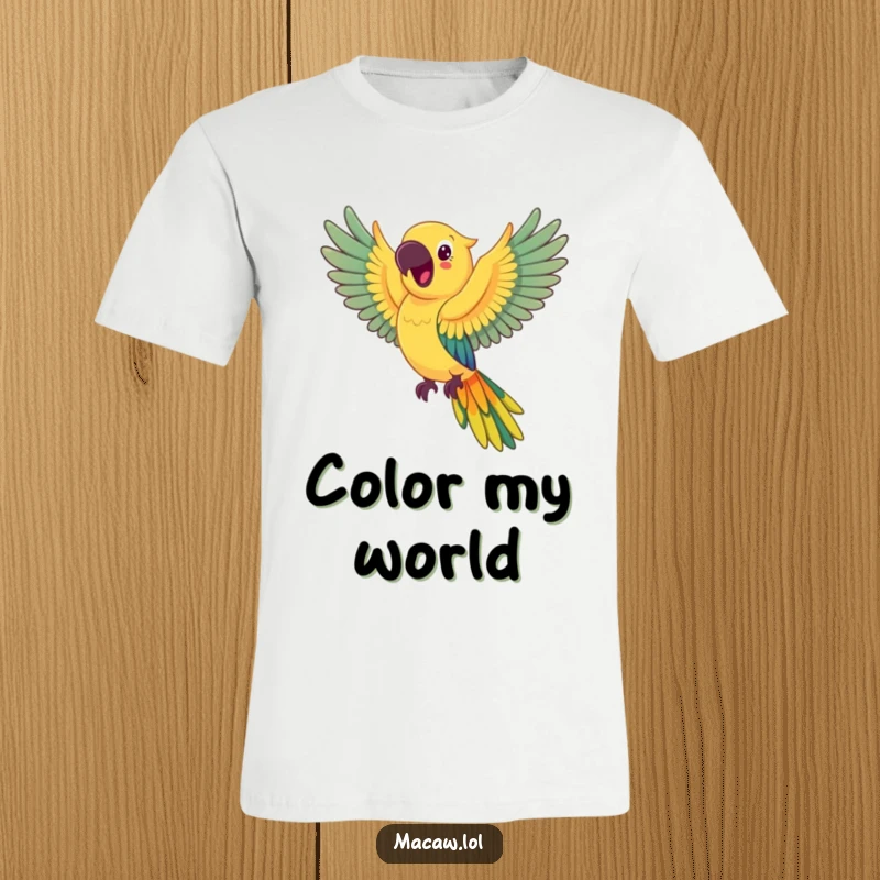 Funny happy macaw t-shirt, a joyful macaw in mid-flight, its wings spread wide, creating a spectacular rainbow trail.