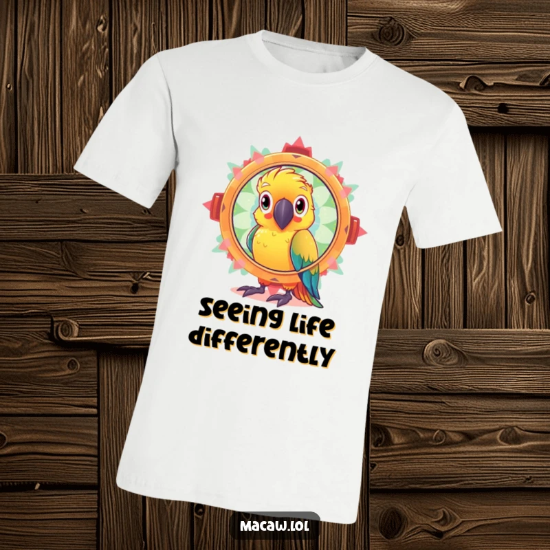 Funny t-shirt with a curious macaw bird looking intently through a huge, shimmering, sparkling kaleidoscope, enjoying the colorful patterns.