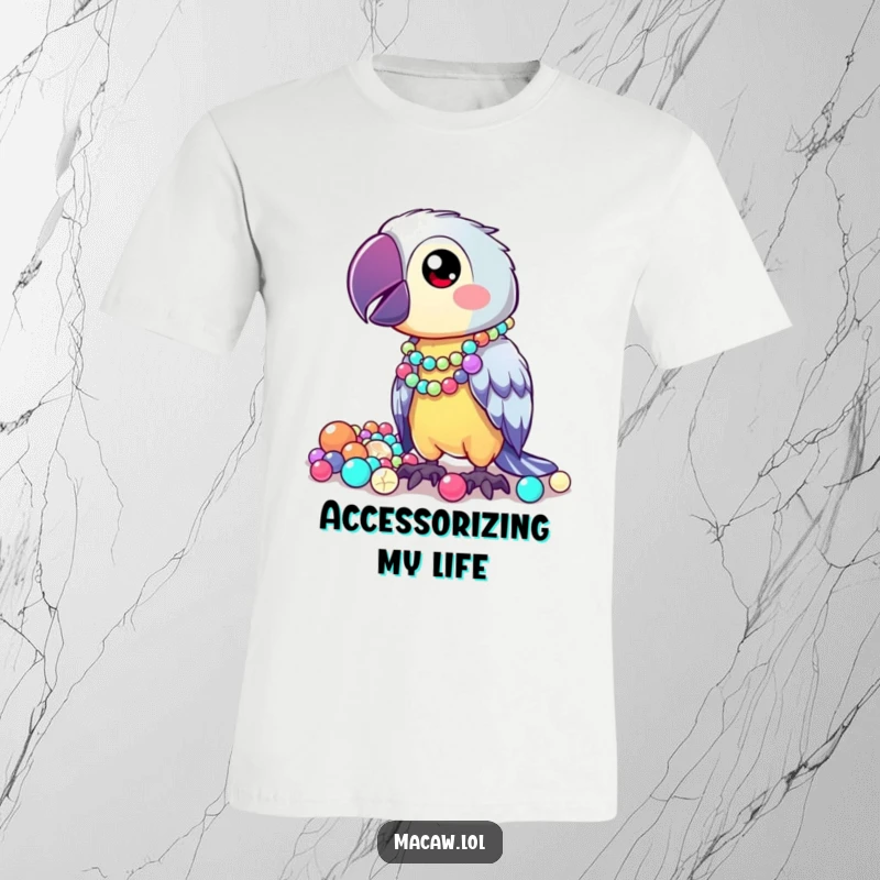 Funny T-Shirt showcasing a kawaii macaw proudly presenting a collection of shiny, mismatched beads, highlighting its charming obsession.