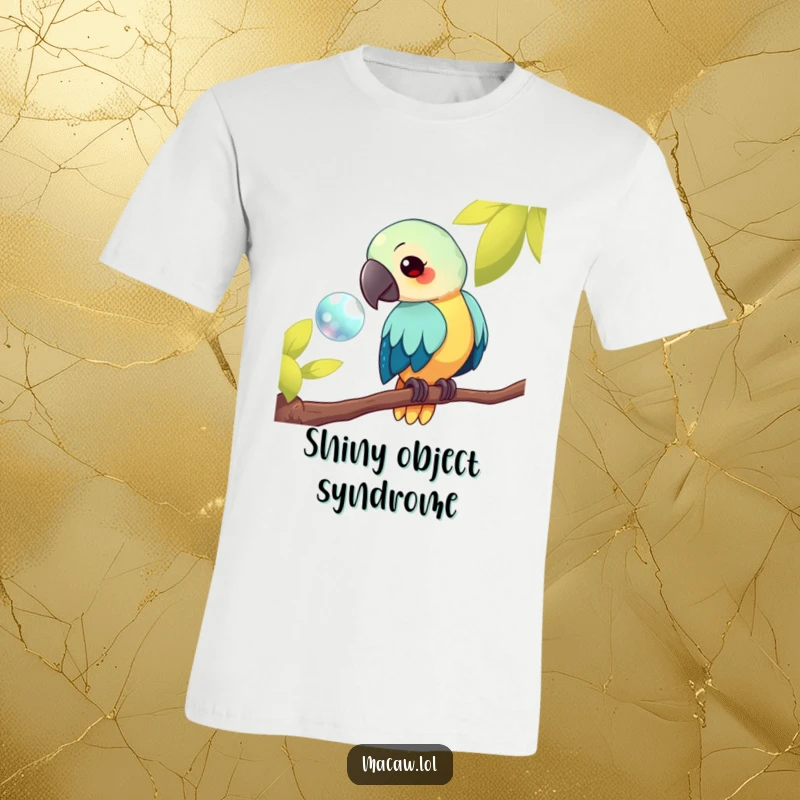 Funny kawaii macaw t-shirt, showing a bird on a branch looking at a shiny object, symbolizing curiosity and humor, ideal for a funny gift.
