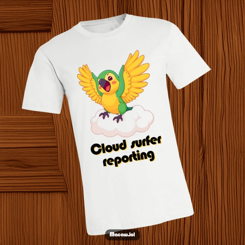 Funny Macaw T-Shirt: A joyful macaw flaps wings with excitement while riding a fluffy, bouncing cloud.