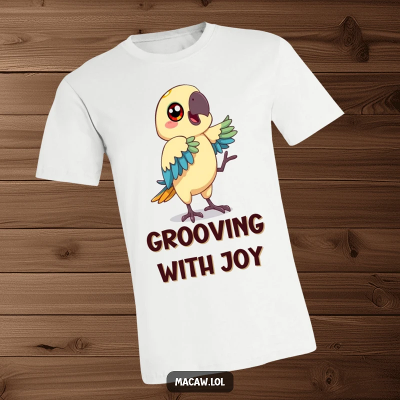 Funny macaw t-shirt featuring a bird with big, happy eyes performing a humorous dance move, perfect for casual wear.