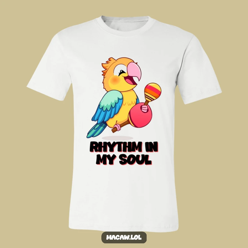 Funny Macaw Maraca T-Shirt - Enthusiastic Shaking Bird Tee
