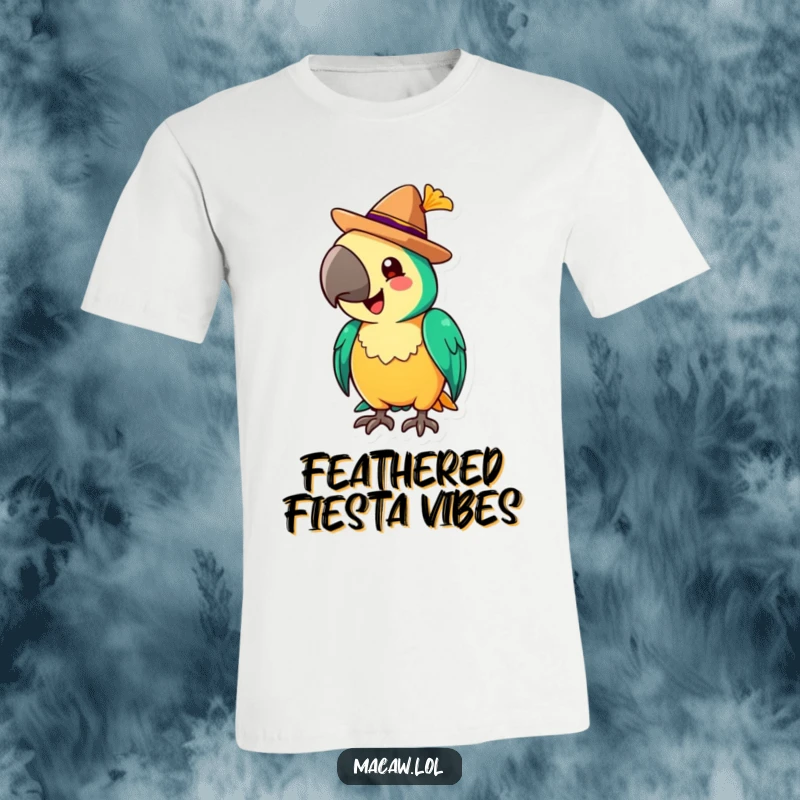 Funny T-Shirt showcasing a cheerful macaw tipping a miniature sombrero with a flourish, embodying a spirit of fun and festivity.