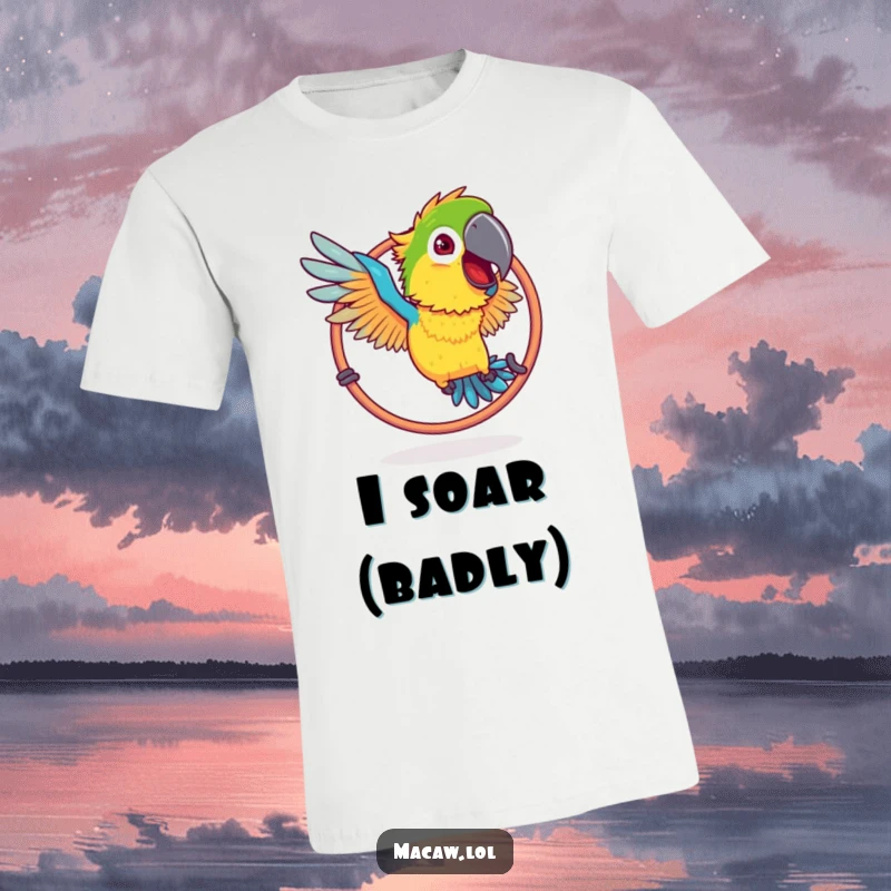 Funny Ruffled Macaw Hoop T-Shirt: A bird with ruffled feathers humorously attempting to fly through a hoop.