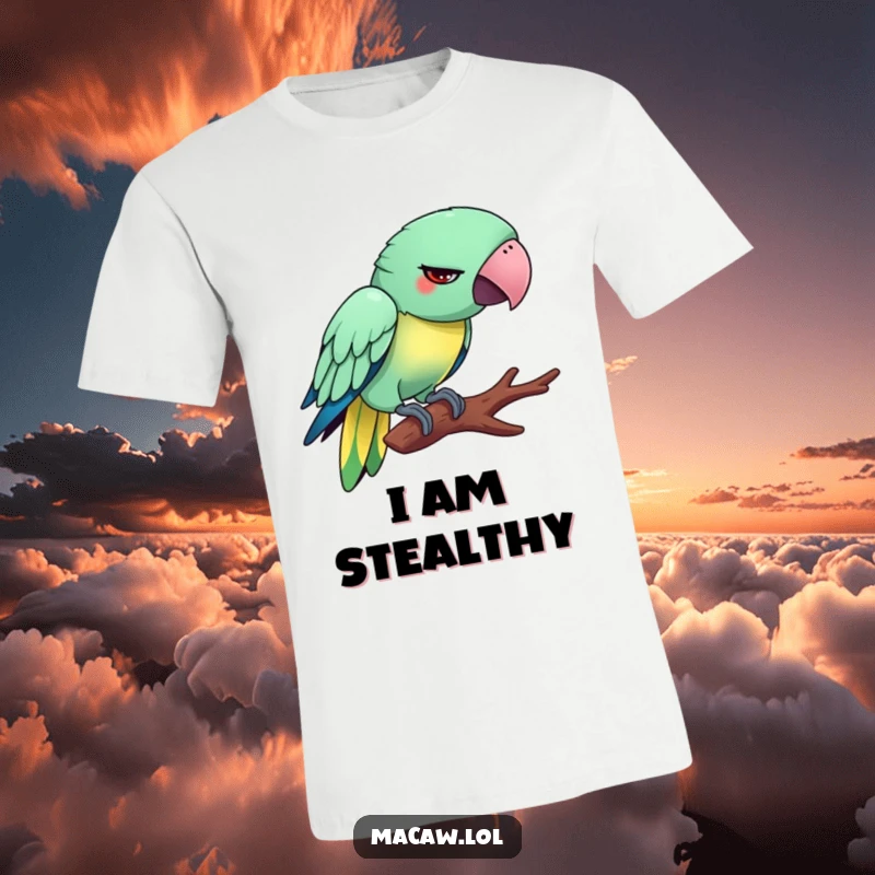 Funny Tiptoeing Macaw T-Shirt: A silly bird with a funny, awkward expression, trying to tiptoe lightly on a tree branch.