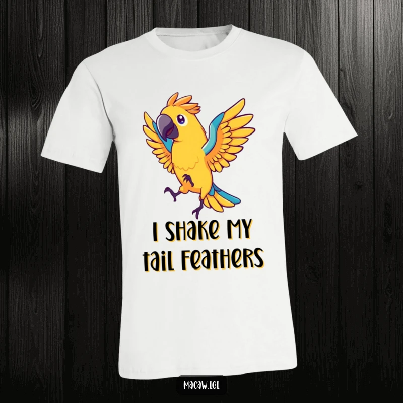 Funny macaw bird t-shirt, stylized bird with fanned tail feathers dancing energetically, vibrant colors, humorous apparel gift.