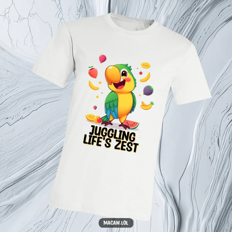 Funny T-Shirt showcasing a vibrant macaw with a wide, happy smile, skillfully juggling colorful fruits, spreading pure delight.