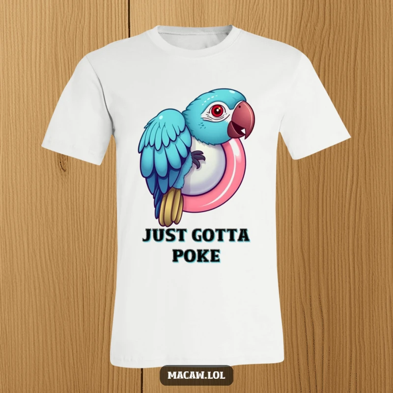 Funny Macaw T-Shirt: A mischievous macaw pecks at a shiny, oversized button, full of playful intent.