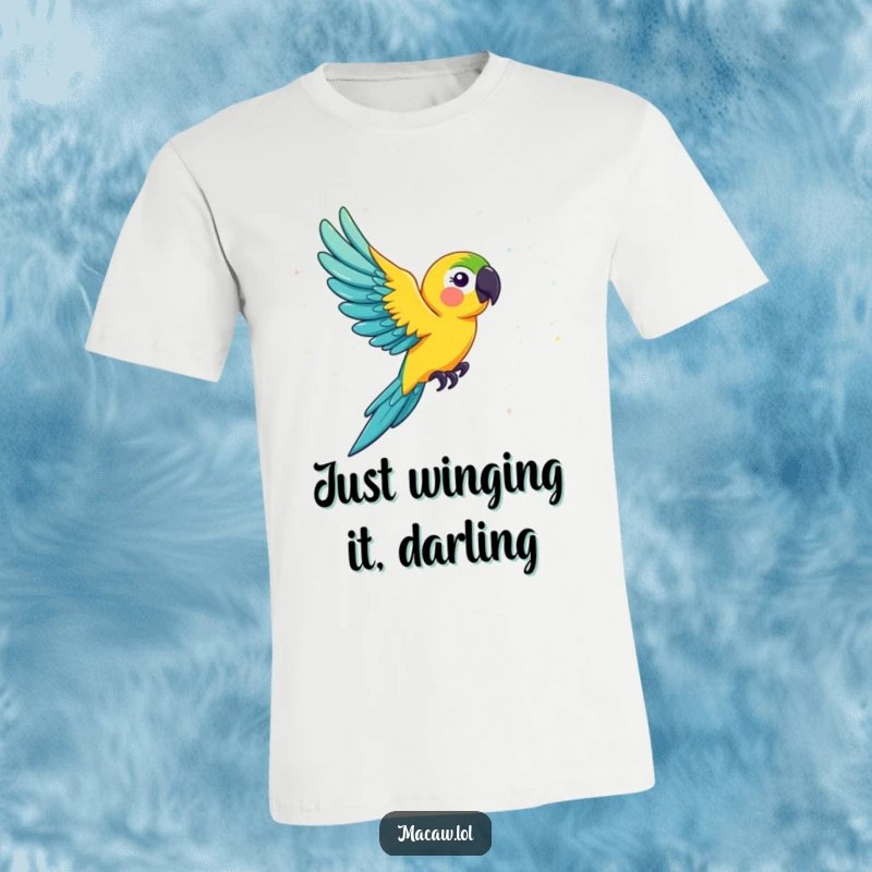 Funny macaw t-shirt, a colorful bird flying joyfully through an explosion of bright, sparkling glitter, showcasing pure delight.