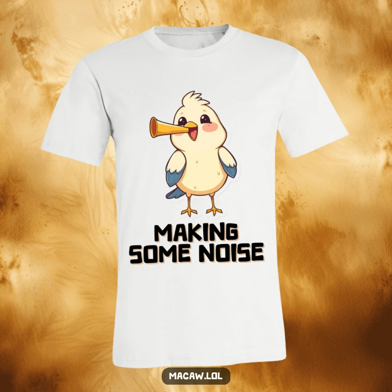 Funny bird honking a tiny horn with great joy and gusto, spreading cheerful sounds.