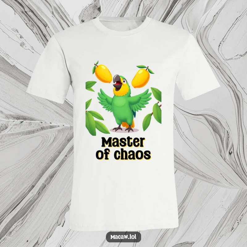 Funny macaw t-shirt featuring a laughing bird skillfully juggling three bright mangoes, perfect for casual wear.