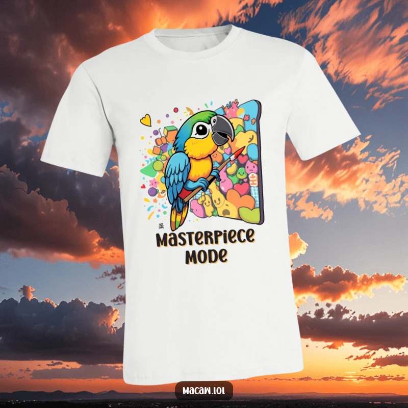 Funny Macaw Artist T-Shirt: A vibrant macaw uses its beak to paint a dynamic, colorful, and chaotic mural, showcasing artistic passion.