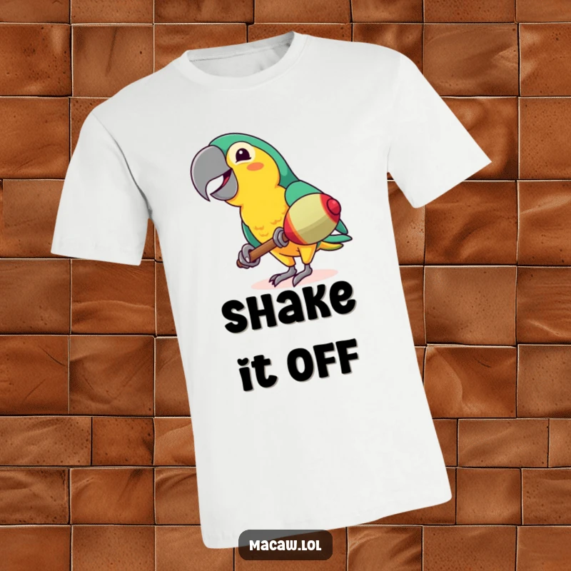 Funny Macaw T-Shirt: A cheerful bird energetically shakes a maraca, showcasing pure joy and a love for rhythm, a great funny gift.