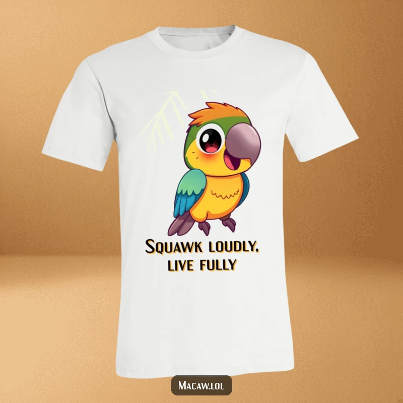 Funny Macaw T-Shirt: A vibrantly colored macaw bird with large, curious eyes squawks happily, a joyful design.