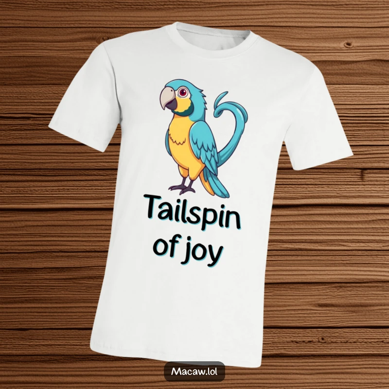 Funny Curly Tail Macaw T-Shirt: A bird with a very long, curly tail playfully whipping it around.