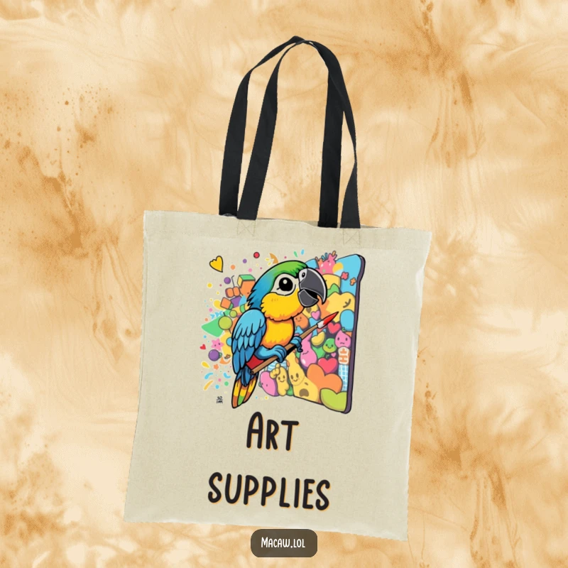 Funny Macaw Artist Tote Bag: A lively bird paints a chaotic, colorful mural with its beak, a functional and humorous art accessory.