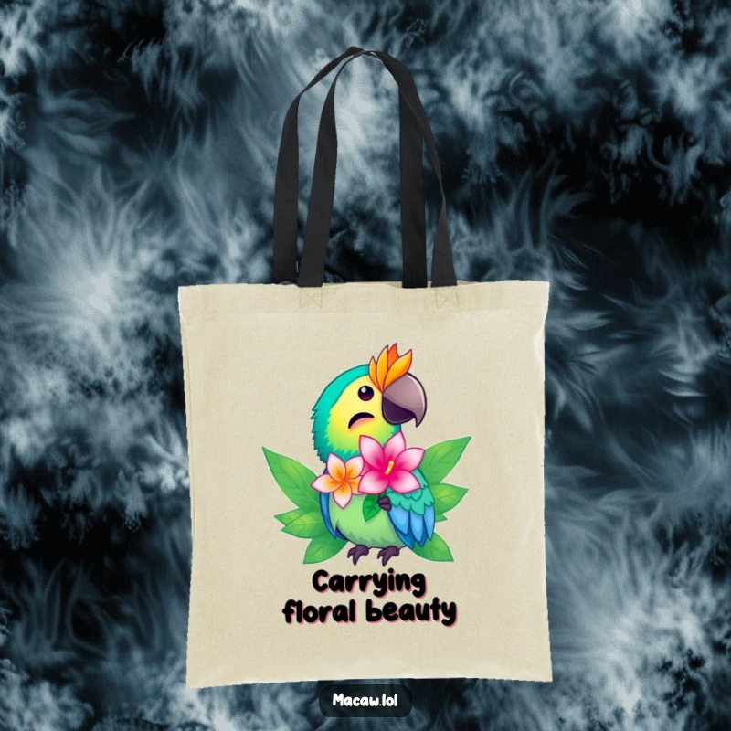 Funny macaw tote bag featuring a bright bird offering a shimmering tropical flower, great for shopping.