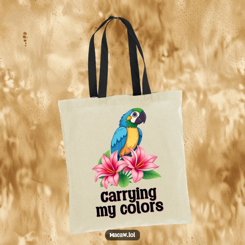 Funny macaw striking a dramatic proud pose atop a tropical flower on a tote bag, a vibrant and humorous accessory.