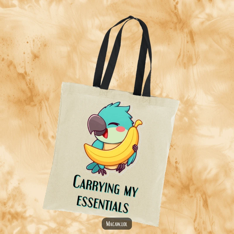 Funny Macaw Tote Bag: A happy macaw winks while balancing a banana on its beak, a practical and humorous accessory.